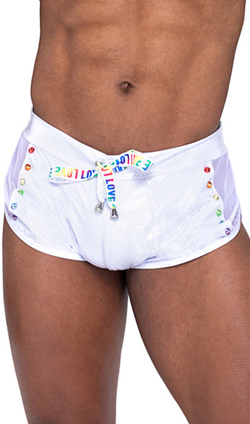 Studded vinyl mesh runner shorts feature rainbow spiked stud accents, sheer fishnet side panels, side leg splits, and rainbow LOVE print drawstring closure.