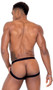 Men's pride jock strap features mesh main panel with opaque lining, O ring accents, elastic straps and rainbow spiked studs on front waistband.