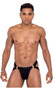 Men's pride jock strap features mesh main panel with opaque lining, O ring accents, elastic straps and rainbow spiked studs on front waistband.