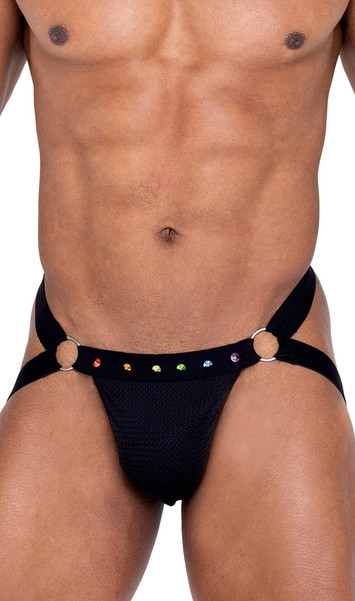 Men's pride jock strap features mesh main panel with opaque lining, O ring accents, elastic straps and rainbow spiked studs on front waistband.