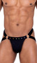 Men's pride jock strap features mesh main panel with opaque lining, O ring accents, elastic straps and rainbow spiked studs on front waistband.