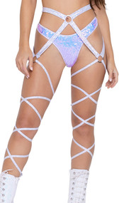Shimmer body and leg straps feature iridescent dot finish and O ring details. Leg straps wrap around your legs and tie. Body straps can be placed around your waist or shoulders depending on your preference. One piece. 