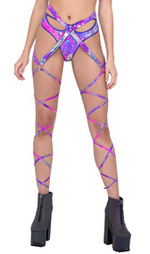 Metallic multicolor body and leg straps with O ring details. Leg straps wrap around your legs and tie. Body straps can be placed around your waist or shoulders depending on your preference. One piece.