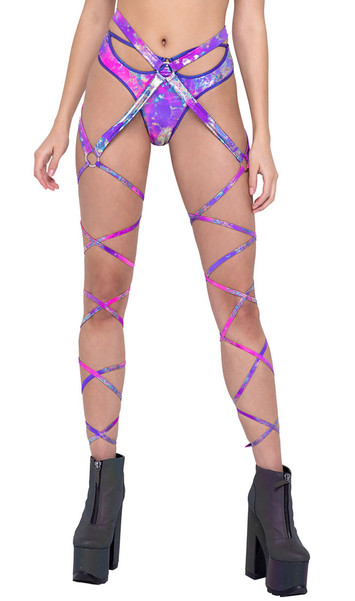 Metallic multicolor body and leg straps with O ring details. Leg straps wrap around your legs and tie. Body straps can be placed around your waist or shoulders depending on your preference. One piece.