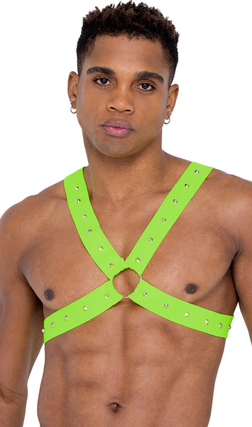 Men's elastic harness features spike studded front detail on black light receptive fabric and large O ring accents.