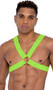 Men's elastic harness features spike studded front detail on black light receptive fabric and large O ring accents.