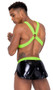 Men's elastic harness features spike studded front detail on black light receptive fabric and large O ring accents.