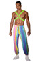 Men's elastic harness features spike studded front detail on black light receptive fabric and large O ring accents.