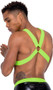 Men's elastic harness features spike studded front detail on black light receptive fabric and large O ring accents.