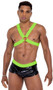 Men's elastic harness features spike studded front detail on black light receptive fabric and large O ring accents.