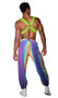 Men's elastic harness features spike studded front detail on black light receptive fabric and large O ring accents.