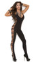 Deep V opaque bodystocking with cut out side detail. Cut out is on both legs. Ties around the neck. Crotchless.