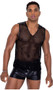 Men's wide fishnet sheer tank top features spiked studded detail on vinyl shoulder panels, vinyl trim and V neckline.