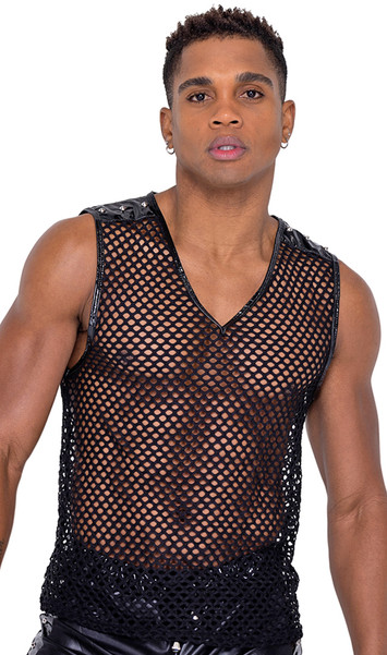 Men's wide fishnet sheer tank top features spiked studded detail on vinyl shoulder panels, vinyl trim and V neckline.