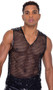 Men's wide fishnet sheer tank top features spiked studded detail on vinyl shoulder panels, vinyl trim and V neckline.