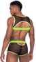 Men's sheer fishnet cropped tank top features black light receptive trim, spiked studded accents, and keyhole back.