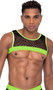 Men's sheer fishnet cropped tank top features black light receptive trim, spiked studded accents, and keyhole back.