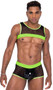 Men's sheer fishnet cropped tank top features black light receptive trim, spiked studded accents, and keyhole back.