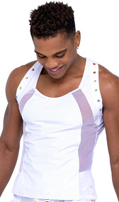 Men's Pride vinyl mesh tank top features sheer fishnet panels and back, elastic trim with rainbow stud detail, and racerback strap.