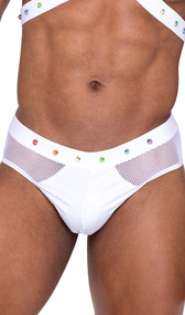 Men's pride briefs feature main panel with shiny vinyl mesh, sheer fishnet sides and back, vinyl trim, and studded elastic waistband with front rainbow spikes.