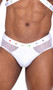 Men's pride briefs feature main panel with shiny vinyl mesh, sheer fishnet sides and back, vinyl trim, and studded elastic waistband with front rainbow spikes.