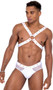 Men's pride elastic harness with rainbow studs and large O ring detail. Pull on style.