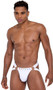 Men's pride jock strap features mesh main panel with opaque lining, O ring accents, elastic straps and rainbow spiked studs on front waistband.