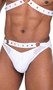 Men's pride mesh swim briefs feature lined front with sheer back and sides, double waistbands to create a criss cross look, and rainbow spiked studs on front waistband with O ring accents. Waistbands are not attached to each other, so they can be placed at your preference.