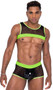 Men's wide fishnet and vinyl trunks feature black light receptive waistband with spiked stud detail, sheer sides and back, and keyhole back opening.