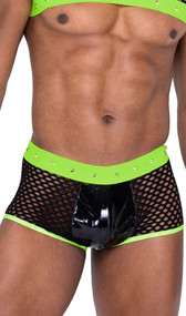 Men's wide fishnet and vinyl trunks feature black light receptive waistband with spiked stud detail, sheer sides and back, and keyhole back opening.