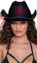 Black cowgirl hat features curved sides, embroidered horseshoe with star patch detail and removable chinstrap ties. Hat is made from a stiff felt-like material and non-bendable so it will keep its shape.