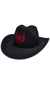 Black cowgirl hat features curved sides, embroidered horseshoe with star patch detail and removable chinstrap ties. Hat is made from a stiff felt-like material and non-bendable so it will keep its shape.