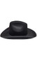 Black cowgirl hat features curved sides, embroidered horseshoe with star patch detail and removable chinstrap ties. Hat is made from a stiff felt-like material and non-bendable so it will keep its shape.