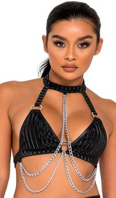 Bikini style crop top features a striped satin-like outside finish, triangle cups with O ring and chain accents, halter style collar neckline, and back swan hook closures.