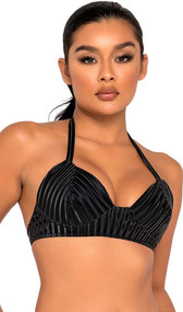 Bikini style crop top features a striped satin-like outside finish, halter neck with tie straps, and back swan hook closure.