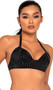 Bikini style crop top features a striped satin-like outside finish, halter neck with tie straps, and back swan hook closure.