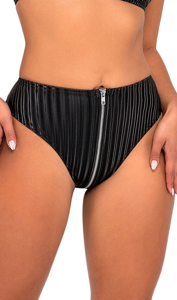 High waisted shorts feature a striped satin-like outside finish and front zipper closure.
