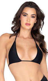 Bikini style crop top with tall triangle cups, halter neck and back tie closure.