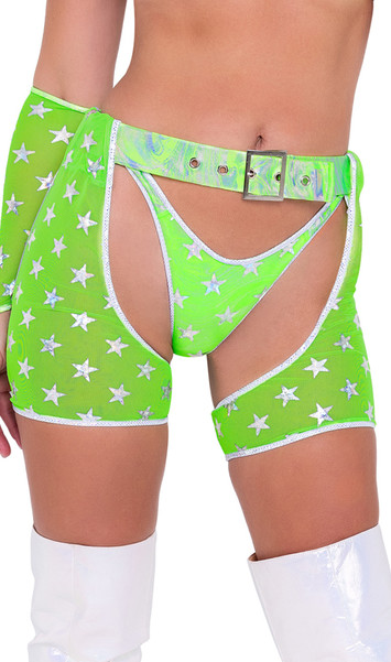 High waisted chap style shorts feature sheer mesh fabric with hologram star print, iridescent metallic trim and waist, grommets and adjustable buckle closure.
