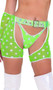High waisted chap style shorts feature sheer mesh fabric with hologram star print, iridescent metallic trim and waist, grommets and adjustable buckle closure.