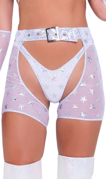 High waisted chap style shorts feature sheer mesh fabric with hologram star print, iridescent metallic trim and waist, grommets and adjustable buckle closure.