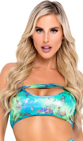 Metallic tie dye strapless crop top features keyhole front and cut out sides.