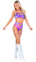Tie dye high waisted bikini style shorts feature attached leg garters and keyhole front.