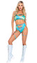 Tie dye high waisted bikini style shorts feature attached leg garters and keyhole front.