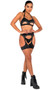 Bikini style crop top features a striped satin-like outside finish, sexy underboob cut out, spiked stud detail, halter neck and swan hook back closure.