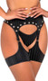 Garter belt harness features a striped satin-like outside finish, high waist, spiked studded details, and O ring accents on leg garters.