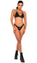 Vinyl bikini style crop top features studded detail, fringe accents, halter neck with tie back, and swan hook back closure.