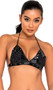 Vinyl bikini style crop top features studded detail, fringe accents, halter neck with tie back, and swan hook back closure.