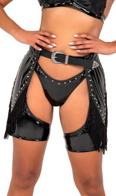 Vinyl chaps with studded trim, fringe accents, high waist, and adjustable buckle closure.