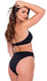 Bikini style crop top with strappy criss cross front, O ring accents, halter neck and swan hook closure.